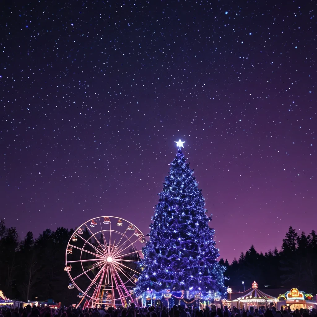 Christmas tree sounded by Amusement Park rides and stars, the dark sky is purple and blue and filled with glowing stars