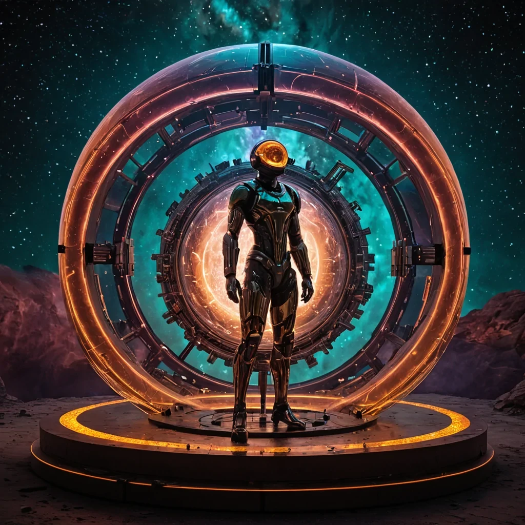 A horizontal, eyelevel wide shot of a colossal, spherical observatory constructed from seamless, hammered copper plates that reflect the vibrant hues of a binary sunset in shades of burnt orange and deep violet. The structure floats within a dense, swirling nebula of iridescent gas clouds in electric teal and soft pink. Inside the sphere, a massive, circular aperture reveals a complex array of interlocking brass gears and crystalline lenses that refract the starlight into cascading ribbons of pure color. In the center, a solitary figure wearing a sleek, obsidianblack exosuit with glowing amber visors stands on a platform of floating, magnetic iron filings, observing the cosmic display. The lighting is dramatic and cinematic, with strong rim lights highlighting the