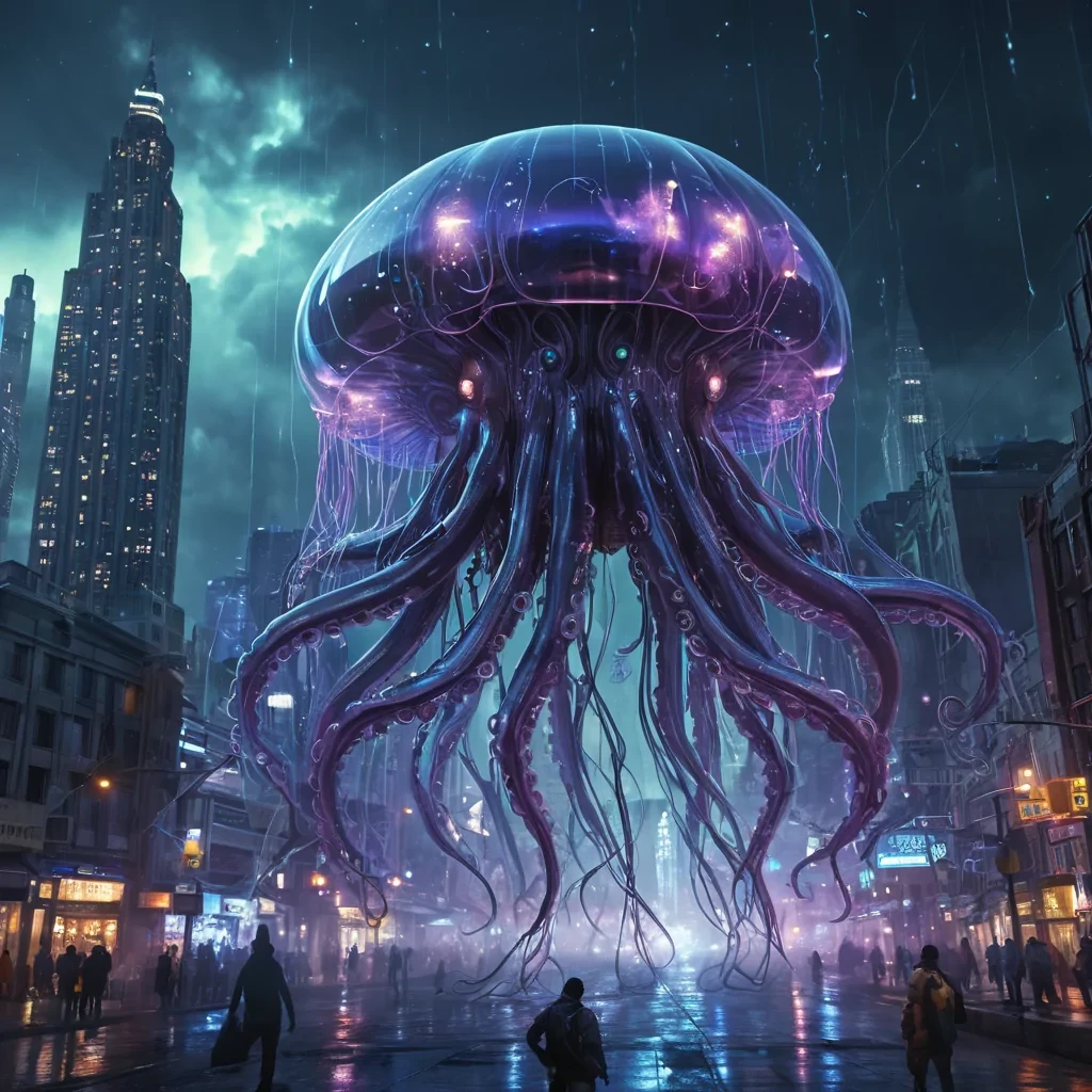 A colossal, ancient, mechanical squid, its metallic tentacles pulsating with ethereal, neon light, emerges from a stormy, indigo nebula. Within its transparent, bioluminescent mantle, a labyrinthine, neonlit cityscape sprawls, its towering, glass spires casting ephemeral shadows on the citys sentient, robotic inhabitants. Suspended within its mantle, a holographic, sentient, mechanical swarm of jellyfish dances, casting ephemeral shadows on the citys inhabitants. Rendered in 4K, with dynamic lighting, atmospheric effects, and vibrant colors, evoking a sense of awe and wonder at this celestial, otherworldly marvel.