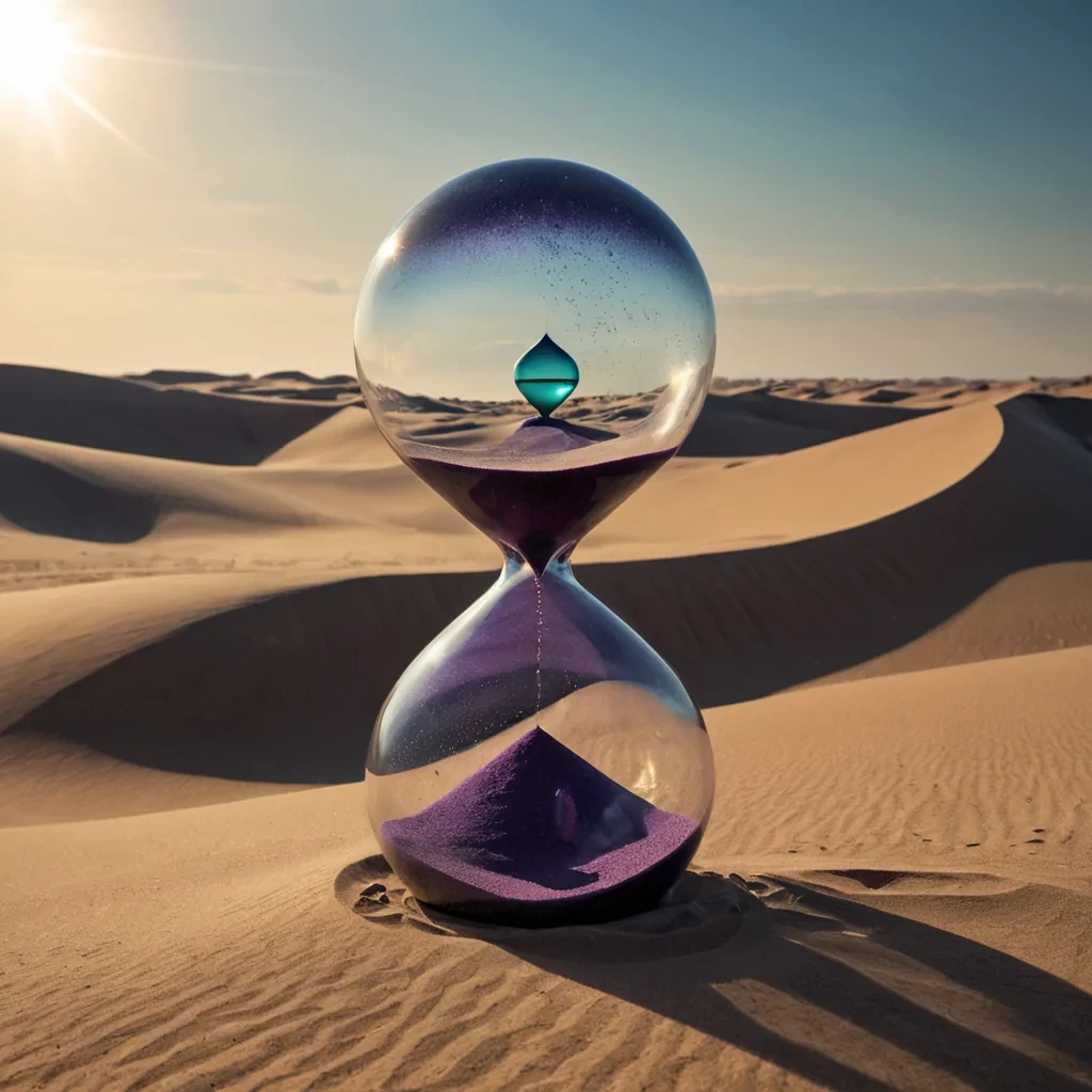 A photorealistic, lowangle wide shot of a futuristic desert landscape where the dunes are composed entirely of fine, iridescent silica sand that shifts color from deep violet to bright teal depending on the angle of the midday sun. In the foreground stands a massive, solitary structure resembling a giant, inverted hourglass made of frosted, translucent alabaster, its narrow neck sealed by a rotating ring of polished obsidian. Inside the upper bulb of the hourglass, a swirling storm of magnetic sand particles dances in perfect geometric patterns, illuminated from within by a soft, internal amber glow. The lower bulb is empty and smooth, reflecting the harsh, blinding white sky and the sharp shadows of the surrounding dunes. Sparse, low