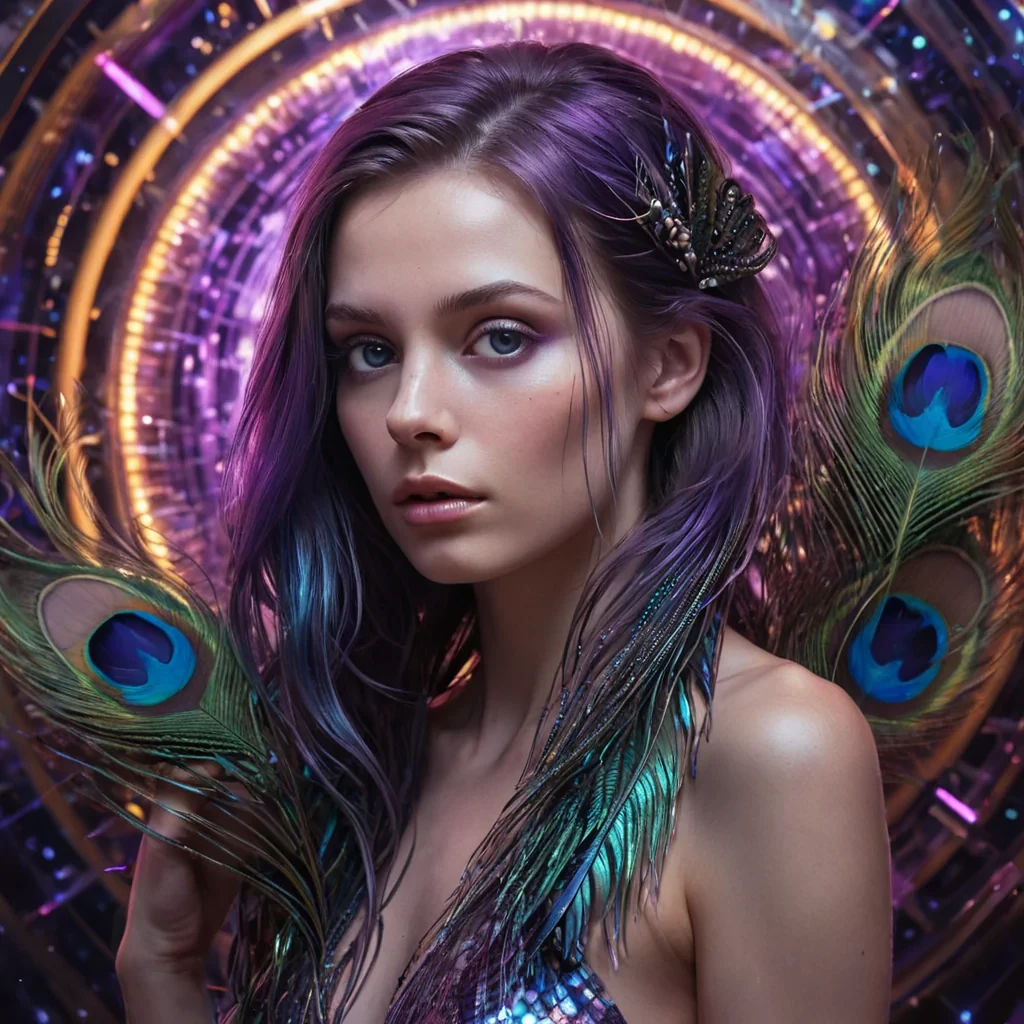 A hyperrealistic, 4K, ultra HD portrait of an echolocating artist, her skin shimmering with the iridescent hues of a peacocks feather. The artists eyes, a deep, enigmatic amethyst, hold the secrets of a thousand soundscapes. Her hair, a cascade of shimmering, holographic sound waves, gently pulses with each beat of her melodic heart. The background is a surreal, hightech observatory filled with floating, selfassembling speakers and the soft glow of quantum harmonizers. Cinematic lighting accentuates the artists otherworldly beauty, while a subtle bokeh effect blurs the neonlit symphony, creating an intimate, focused atmosphere.