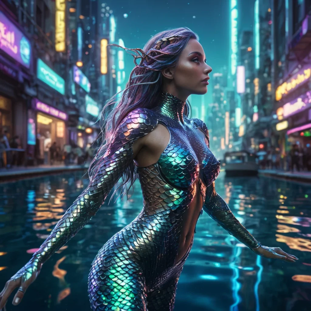 A cyborg mermaid with iridescent scales, swimming through a neonlit underwater metropolis, hyperrealistic, ultra HD, cinematic lighting, volumetric lighting, atmospheric effects, bokeh effect, lens flare, vibrant colors, detailed textures.