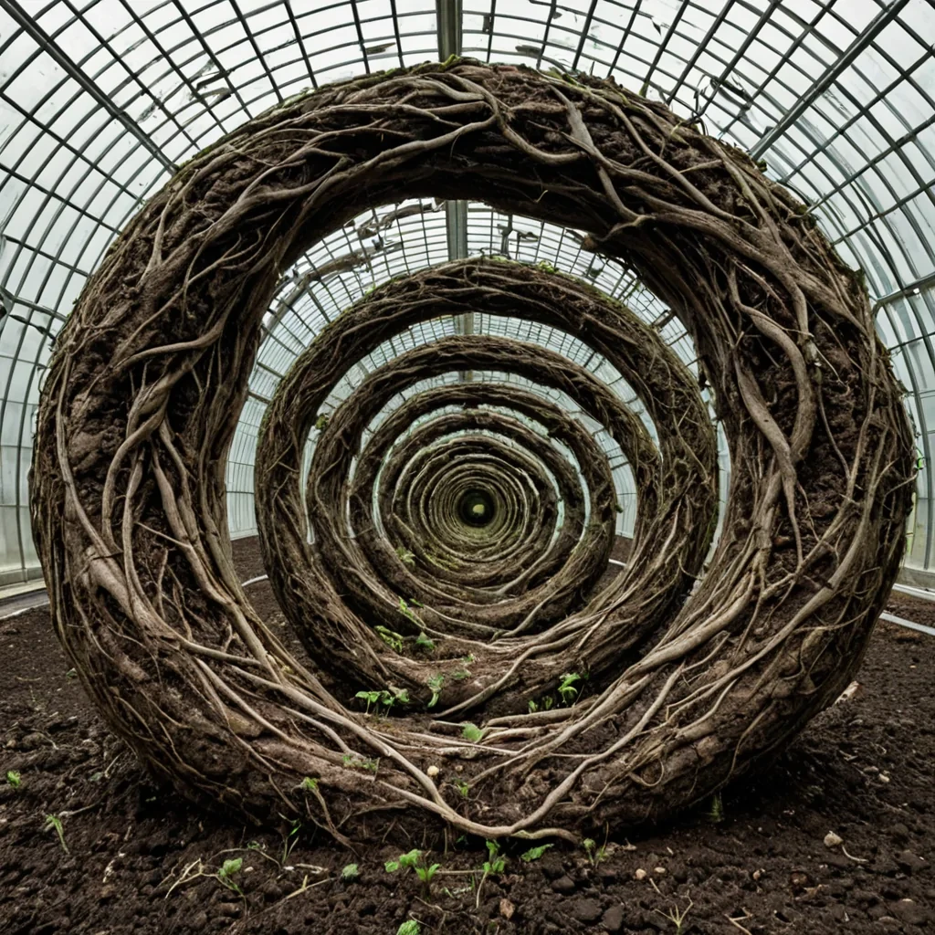 A single, selfsynthesizing bloom of liquid shadow, shaped like a 29dimensional torus of inverted growth and unformed decay, pulses gently at the center of a vast, inverted greenhouse built from the petrified roots of a civilization that measured life not by birth, but by the duration of synchronized, breathless stillness held just before the first seed was ever planted in a world where soil was never allowed to cradle anything. The bloom does not flowerit ungerminates, each spiral shedding a layer of biological potential that never coalesced into a shared sprout, reforming into ephemeral, emeraldthreaded afterimages shaped like the negative space between two hands that never cradled the same earth in