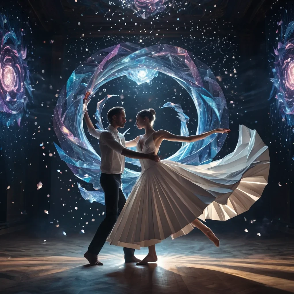 A hyperrealistic, 4K portrait of a sentient, levitating origami swan gracefully dancing with a spectral, ethereal partner in a zerogravity, bioluminescent ballroom, surrounded by a swirling, kaleidoscopic vortex of stardust and cosmic energy, with cinematic lighting casting dramatic shadows and emphasizing the intricate, paperthin forms, and a subtle, warm bokeh effect creating a sense of otherworldly enchantment.