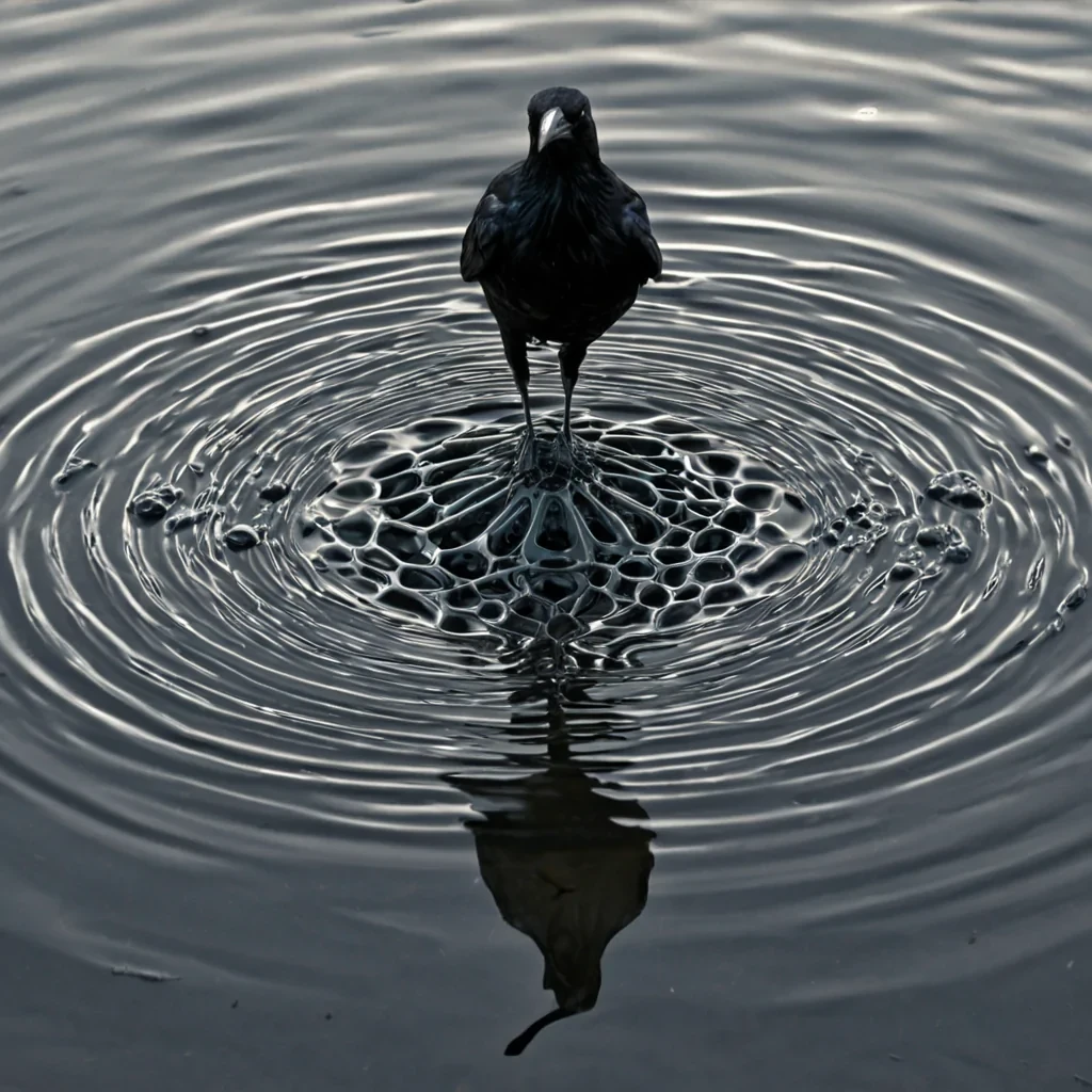 A single, selfreflecting fractal of inverted stillness, shaped like a 19,307dimensional lattice of unformed equilibrium and reversed stability, pulses at the center of a vast, inverted lagoon of solidified liquid time  each ripple carved from the exact moment between a drop falling into water and its refusal to disturb the surface, a wave cresting and dissolving into nonfluid motion, a ravens reflection in a puddle collapsing into pure, unmeasured nonmirroring. The fractal does not reflect light  it unreflects it, each branching filament shedding a layer of optical potential that never coalesced into visible symmetry, reforming into ephemeral, silverveined afterimages shaped like