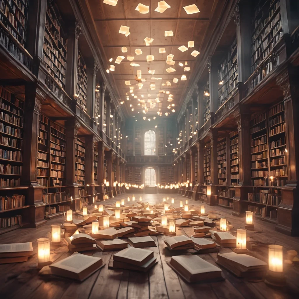 A vast, abandoned library with floating books that emit a soft glow, illuminated by ethereal, levitating lanterns, hyperrealistic, 4K, cinematic lighting, volumetric lighting, atmospheric effects, dynamic lighting, bokeh effect, soft focus, lens flare, pastel tones, detailed textures.