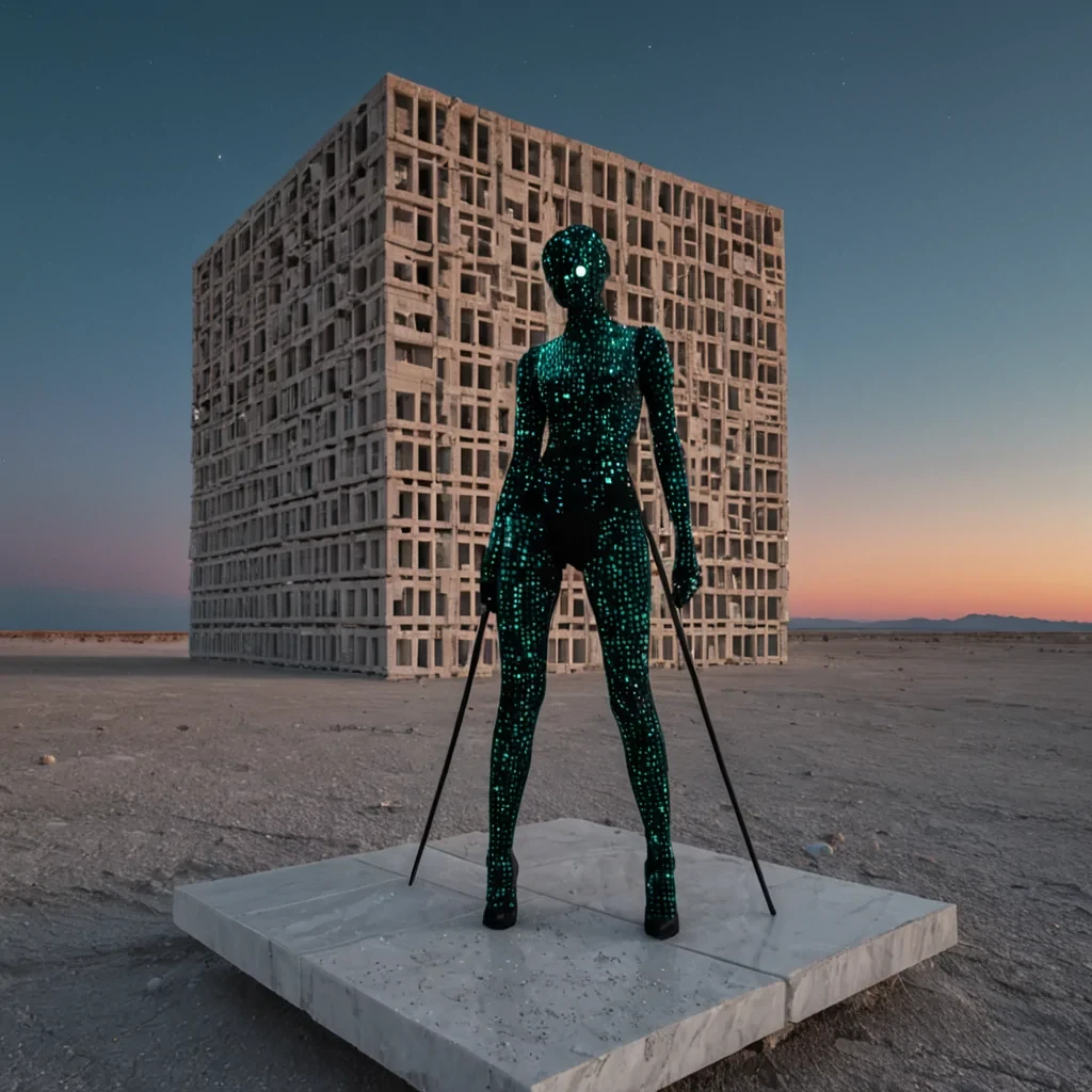 A horizontal, eyelevel medium shot of a towering, brutalist archive constructed from raw, unfinished concrete blocks stacked in irregular, precarious layers, situated on the edge of a vast, flat salt flat under a twilight sky. The buildings facade is covered in a dense grid of small, square windows, each glowing with a different, steady coloramber, teal, magentacreating a pixelated mosaic effect that shifts subtly. In the foreground, a solitary figure wearing a sleek, matteblack bodysuit with integrated haptic feedback nodes stands on a smooth, white platform of polished marble, holding a long, slender staff made of clear, hardened resin that contains a swirling, miniature galaxy of silver dust. The air is still and clear, with