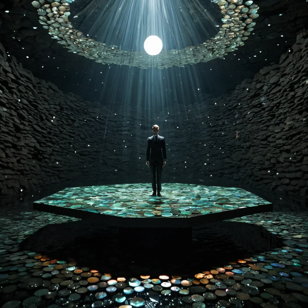 A horizontal, eyelevel wide shot of a vast, flooded subterranean cavern where the floor is a mirrorstill surface of black obsidian water reflecting a ceiling composed of millions of tiny, hexagonal mirror tiles that capture and scatter beams of sunlight from a distant fissure far above. Floating on the waters surface are hundreds of large, flat lily pads made not of organic matter but of polished, iridescent abalone shell, each supporting a miniature, intricate structure built from stacked, translucent sheets of mica and woven copper wire. In the center, a solitary figure wearing a sleek, highcollared suit of matte silver fabric stands on one of the shell platforms, holding a long, slender pole tipped with a glowing orb of pure