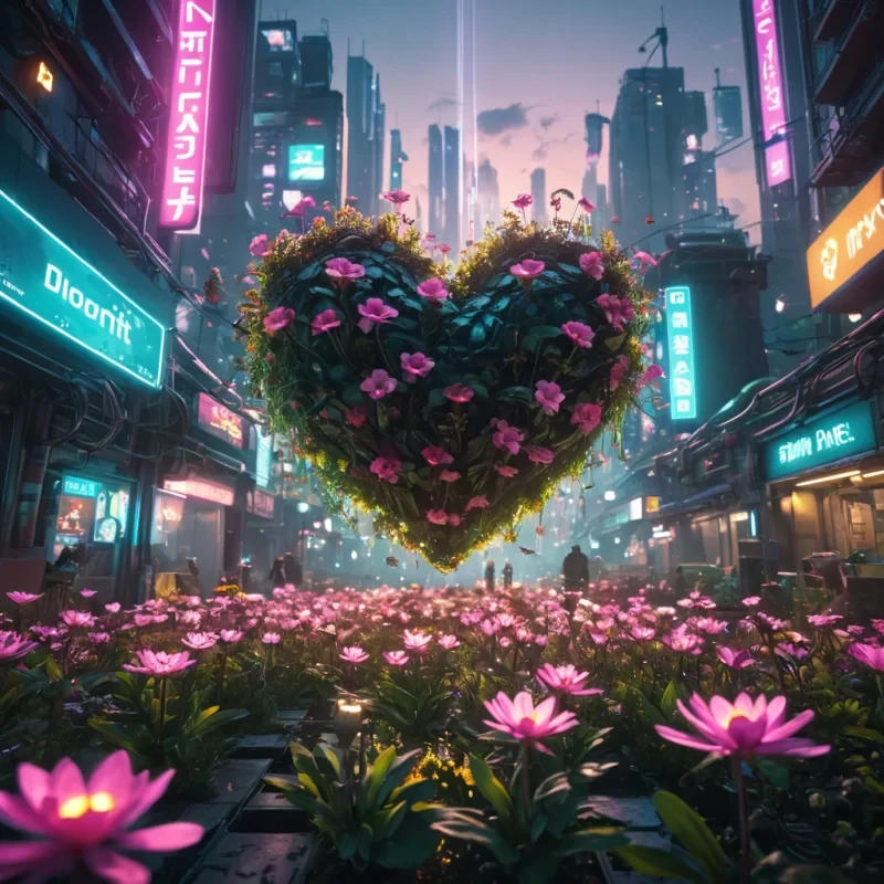 A lone, levitating garden blooms in the heart of a bustling, neonlit cyberpunk city, its flowers emitting a soft, ethereal glow, while drones buzz around, tending to the flora, hyperrealistic, 4K, cinematic lighting, volumetric lighting, atmospheric effects, dynamic lighting, bokeh effect, lens flare, vibrant colors, detailed textures.