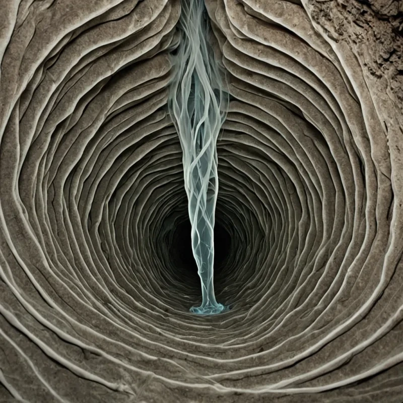 A single, selfilluminating filament of reversed breath, shaped like a 1,000,000,000,000dimensional spiral of unformed inhalation and inverted exhalation, drifts through the center of a vast, inverted cavern of solidified atmosphere  each stalactite carved from the exact moment between a lung expanding and its refusal to contract, a gasp forming in the diaphragm and dissolving into nonpulmonary stillness, a breath suspended midair and collapsing into pure, unmeasured nonrespiration. The filament does not carry oxygen  it uncarries it, each unraveling coil shedding a stratum of respiratory potential that never coalesced into life