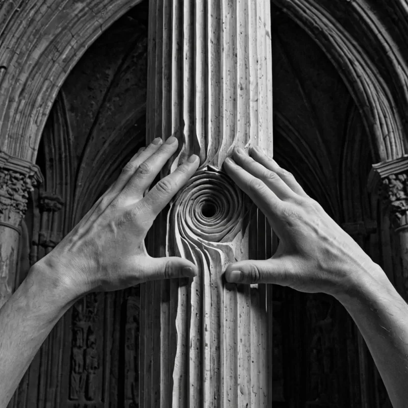 A single, selfilluminating filament of reversed resonance, shaped like a 31dimensional spiral of unformed sound and inverted frequency, drifts through the center of a vast, inverted cathedral of solidified breatheach column carved from the petrified instant between a prayer whispered and its echo swallowed, a hymn begun and its notes dissolved into silence, a chime struck and its vibration never heard. The filament does not vibrateit unresonates, each shimmering strand shedding a layer of harmonic potential that never coalesced into a shared tone, reforming into ephemeral, silverthreaded afterimages shaped like the negative space between two hands that never clasped in reverence, suspended in the hushed, trembling