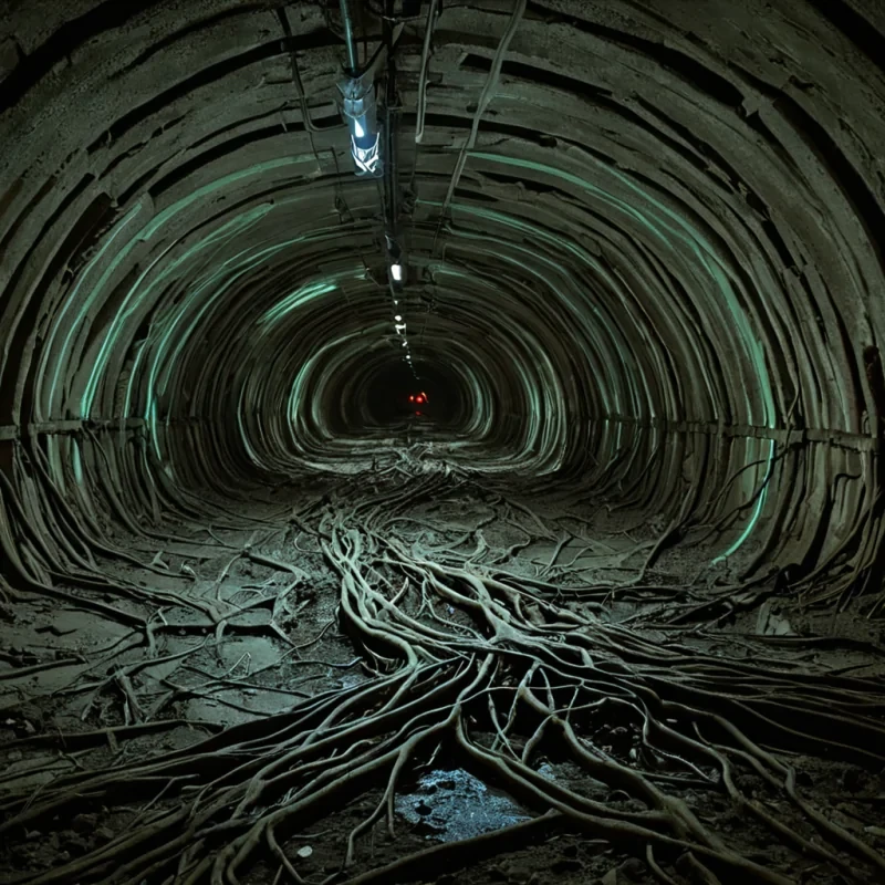 A single, selfsustaining network of bioluminescent roots sprawls across the ceiling of a vast, abandoned subway tunnel carved into the bedrock of a forgotten city, each root not made of organic matter but of solidified radio waves from longdead broadcasts, their glow pulsing in sync with the frequency of a song that was never finished. The roots do not growthey resonate, emitting not light but a low, harmonic vibration that causes the tunnel walls to ripple like liquid metal, revealing faint, ghostly outlines of advertisements for products that never existed, their text written in a language that decays into static when read aloud. The floor is not concreteit is a thick, viscous layer of compressed silence, its surface cracked in