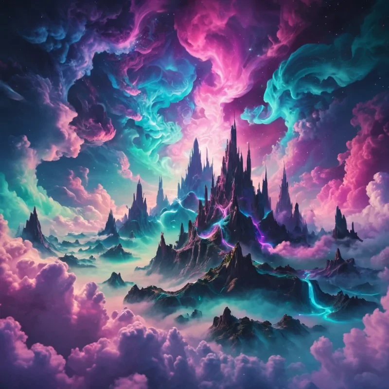 A surreal fantasy background filled with vibrant, swirling vape clouds in iridescent neon colors  purples, blues, pinks, and greens  forming dreamy shapes like dragons, galaxies, and floating islands. The scene should be psychedelic and otherworldly, with a glowing, mystical atmosphere. Include faint starlight in the background, subtle fractal patterns within the clouds, and soft light rays filtering through the haze. The overall vibe should be hypnotic, imaginative, and immersive  perfect as a backdrop for fantasy or vaporwaveinspired visuals