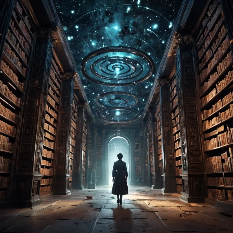 A colossal, ancient library, its towering shelves carved from a single, monolithic slab of obsidian, stretches infinitely into the cosmos. The librarys colossal, rotating doors, crafted from a labyrinth of interlocking, iridescent gears, cast dynamic, prismatic shadows across the desolate landscape. Within, a lone, spectral figure, clad in a tattered, vintage librarians uniform, drifts through the desolate space, their form composed of swirling, ethereal constellations. Ultra HD, cinematic volumetric lighting, atmospheric lens flare, vibrant, celestial colors.