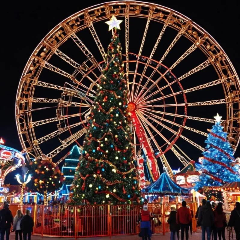 An Amusement Park at christmas time at night big beautiful Christmas tree surrounded by roller coaster and other rides, lots of stars
