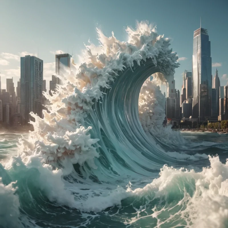 A colossal, sentient wave crashing over a bustling, vertical cityscape, its foamy crest transforming into towering, ephemeral sculptures, hyperrealistic, 8K, cinematic lighting, volumetric lighting, atmospheric effects, dynamic lighting, bokeh effect, soft focus, lens flare, iridescent tones, detailed textures.