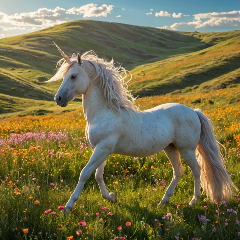 A graceful unicorn with iridescent, coralhued stripes prances across a sunlit meadow, its mane and tail flowing like liquid fire. The background is a vibrant tapestry of wildflowers and rolling hills, under a perfectly clear, azure sky dotted with fluffy white clouds. The scene is bathed in golden sunlight, casting long, soft shadows and creating a warm, ethereal glow that truly invites wonder. Hyperrealistic textures, volumetric lighting, and a subtle bokeh effect add to the dreamy, magical atmosphere.