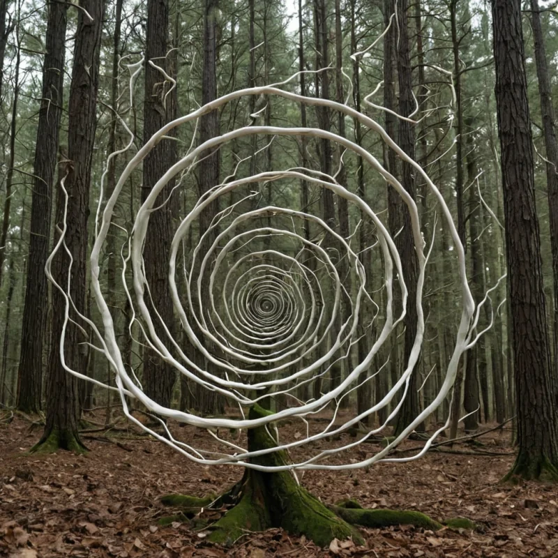 A single, selfilluminating helix of reversed gravity, shaped like a 3,007dimensional spiral of unformed weightlessness and inverted descent, rotates at the center of a vast, inverted forest of solidified wind  each tree carved from the exact moment between a leaf falling and its refusal to land, a branch swaying in a breeze and dissolving into nonaerodynamic stillness, a root anchoring into soil and collapsing into pure, unmeasured nonstability. The helix does not pull objects downward  it unpulls them, each twisting coil shedding a layer of gravitational potential that never coalesced into measurable force, reforming into ephemeral, jadethreaded afterimages shaped like the space