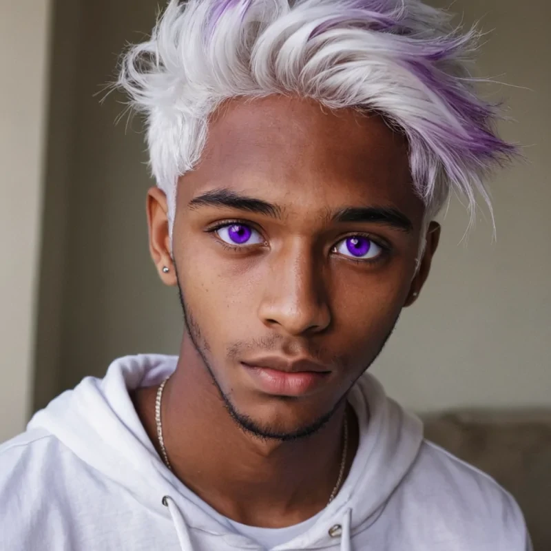 20 years old man, brown skin, purple eyes, white hair