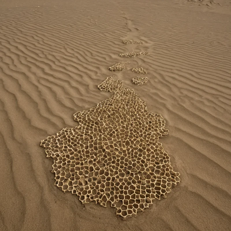 A single, selfilluminating cluster of crystallized silence, shaped like a fractalized, nonEuclidean honeycomb of suspended breath, pulses at the center of a vast, inverted desert composed of the compressed, unspoken words of a civilization that communicated through the duration of synchronized, silent walking across the same unwalked dune. The cluster does not resonateit unwalks, each pulse dissolving a layer of motion that never coalesced into a shared path, reforming into ephemeral, opalthreaded afterimages shaped like the negative space between two feet that never touched the same grain of sand in the same moment of mutual stillness. The desert is not aridit is a stratified expanse of