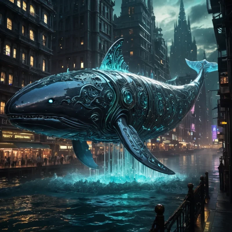 A colossal, ancient, mechanical whale, its metallic body adorned with intricate, pulsating runes, breaches through a stormy, obsidian sea. Its massive, crystalline tail, reflecting the seas ethereal glow, leaves a trail of iridescent, otherworldly waves. Suspended within its transparent, bioluminescent belly, a labyrinthine, neonlit cityscape sprawls, its towering, glass spires casting ephemeral shadows on the citys sentient, mechanical inhabitants. Rendered in ultra HD, with dynamic lighting, atmospheric effects, and a subtle bokeh effect, evoking a sense of awe and wonder at this aquatic, otherworldly metropolis.
