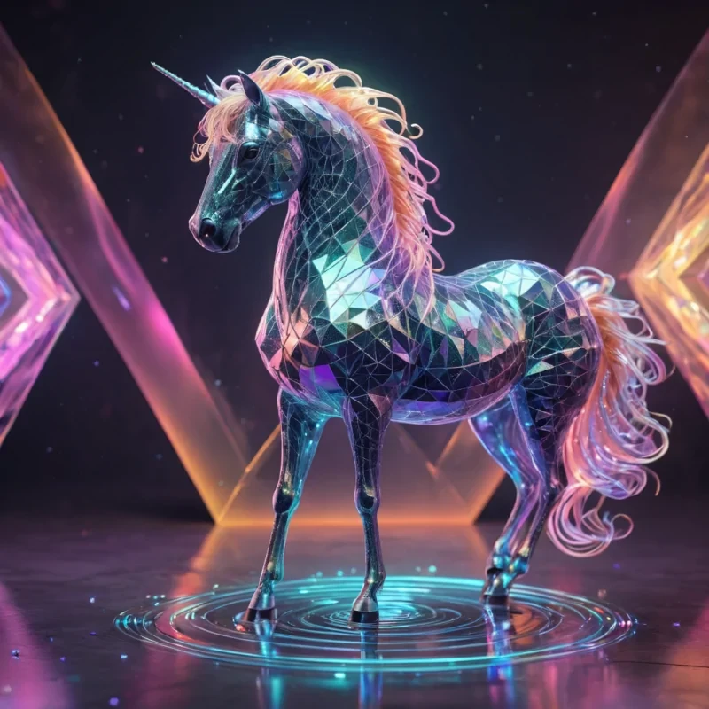 Hyperrealistic neon myrmecoleon with iridescent mane, majestically standing on a floating, geometric spiral of reflective, swirling pastel diamonds, dynamic lighting with volumetric beams, soft focus on its regal, luminescent form, vibrant colors, 4K resolution, lens flare shimmering around its ethereal presence in a surreal, futuristic architectural sanctuary.