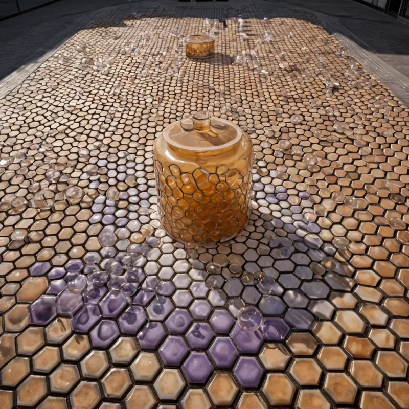 A lowangle, groundlevel hyperrealistic photograph capturing a vast, sundrenched plaza paved with polished, hexagonal tiles of warm, honeycolored beeswax, each tile infused with suspended, microscopic bubbles that create a textured, organic surface. At the center of the plaza, a massive, intricate sculpture made of interlocking, matte white porcelain rings floats in a perpetual, slow spin, casting sharp, concentric shadows on the wax ground. Surrounding the sculpture are dozens of oversized, translucent, ambercolored glass jars, each containing a different, preserved, swirling cloud of pastelcolored smoke in shades of peach, mint, and lavender. The smoke within the jars moves in slow, hypnotic patterns, contrasting with the stillness of the porcelain