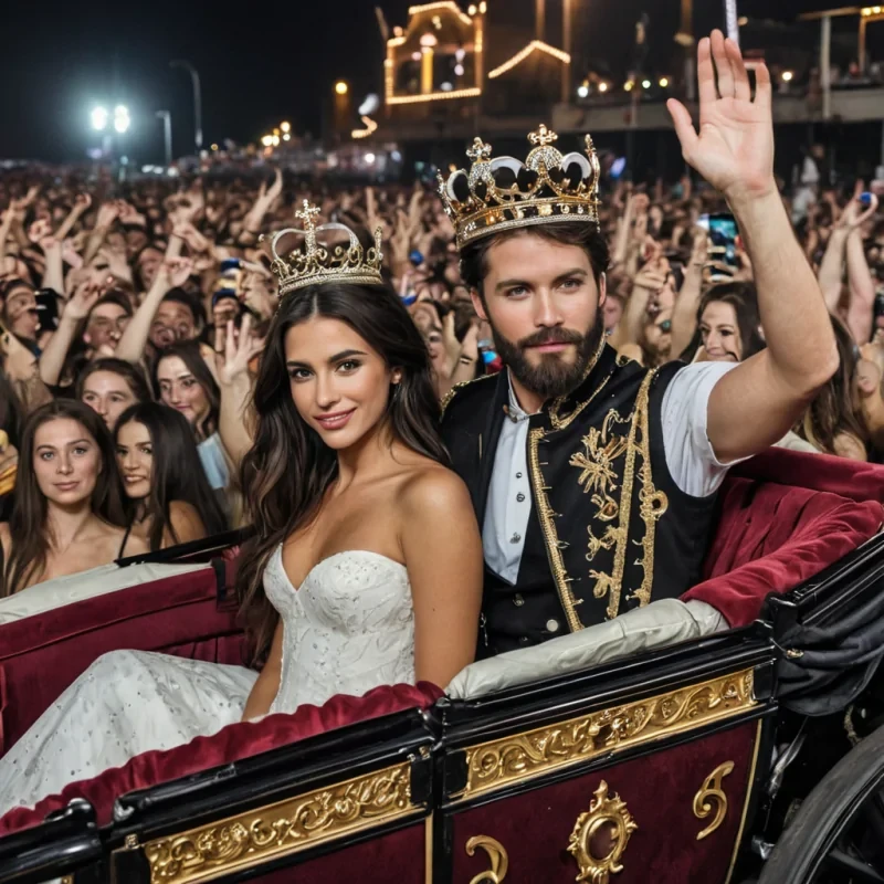 A very clear modern picture of a dark haired, modern handsome king with a beard along with beautifully dressed, brown haired women. They are riding in an royal open carriage amongst a happy crowd of EDM concert goers.