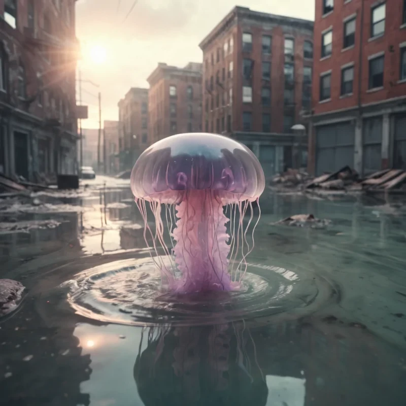 A glowing, levitating jellyfishlike entity drifting through an abandoned, flooded cityscape, hyperrealistic, 4K, cinematic lighting, atmospheric effects, soft focus, lens flare, pastel tones, detailed textures.
