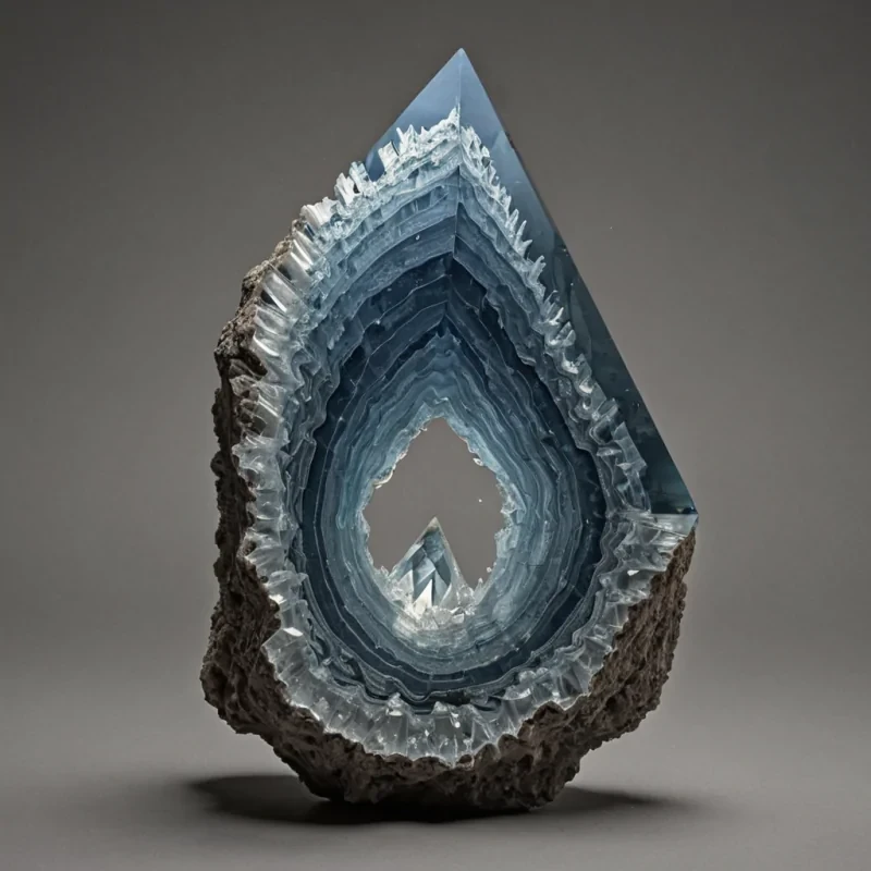 A single, selfluminous shard of reversed gravity, shaped like a 1,047dimensional fractal of unformed weight and inverted mass, hovers at the center of a vast, inverted geode of solidified levitationeach crystalline facet carved from the exact moment between an object falling and its refusal to descend, a feather drifting and dissolving into nonkinetic vapor, a stone released and collapsing into pure, unmeasured suspension. The shard does not pullit unpulls, each shimmering edge shedding a layer of gravitational potential that never coalesced into a shared descent, reforming into ephemeral, sapphirethreaded afterimages shaped like the negative space between two hands that never reached to catch