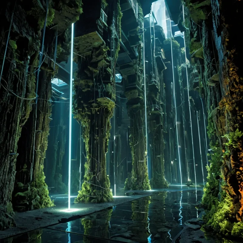 A hyperrealistic, wideangle shot of a sprawling, vertical city built inside the hollowedout core of a massive, dormant geothermal vent, where the walls are composed of layered, striated bands of translucent amber and obsidian rock that pulse with rhythmic, subterranean heat. The architecture consists of cantilevered platforms made of polished, iridescent motherofpearl that spiral upward around a central shaft of rising, luminous steam. Suspended from these platforms by thin, silver cables are thousands of delicate, glassencased gardens containing bioluminescent mosses and ferns in shades of electric blue and neon green, creating a floating forest effect. In the foreground, a solitary figure dressed in a sleek