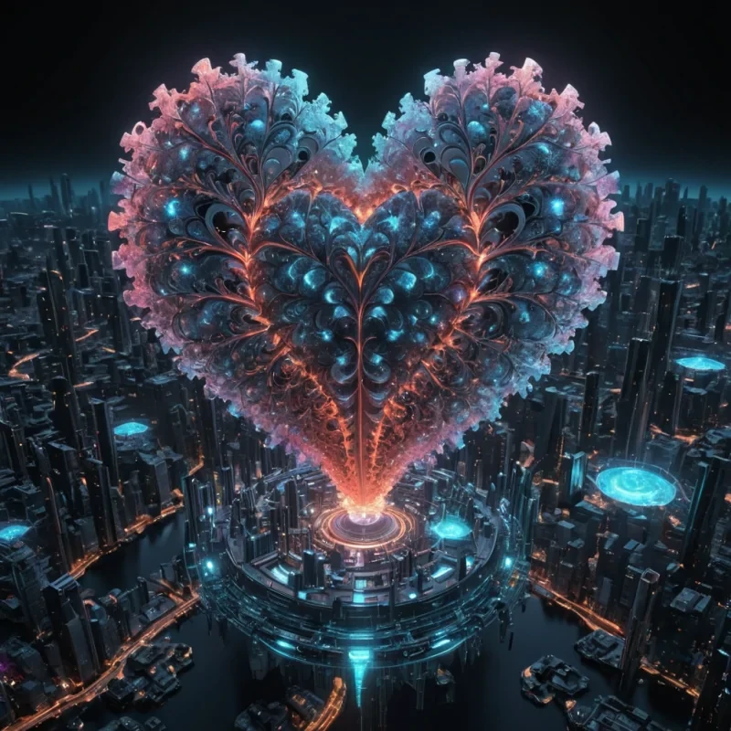 Photorealistic, colossal, levitating, fractal, opalescent, coral metropolis, its 4K, ultra HD, gemstone structures unfurling zero gravity, aerodynamic ecosystems. Volumetric lighting from unseen, pulsating, bioluminescent hearts etches the citys ethereal, geometric architecture, casting intricate, dynamic, neon shadows on the inverted, reflective void. Cinematic lighting bathes the scene in vibrant, otherworldly hues, with lens flare emphasizing the citys central, radiant, throbbing, opalescent heart, pulsating with captive, alien, aerothermal energy. Photorealistic, fractal, gemstone structures unfurl ultra HD, zero gravity, aerodynamic