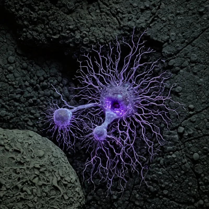 A horizontal, extreme closeup of a sprawling, organic interface where a thick, translucent nerve bundle emerges from a cracked, porous basalt floor, merging seamlessly with a dense network of glowing, pulsating fungal mycelia in shades of electric violet and bioluminescent green. The nerve fibers are not static but are actively transmitting visible, rhythmic pulses of light that travel outward into the fungal network, causing tiny, spherical spores suspended in the humid air to vibrate in synchronized waves. The texture of the stone is rough and jagged, contrasting with the smooth, wet sheen of the organic matter, while the background fades into a deep, shadowy void filled with fine, drifting particulate matter that catches the cool, ethereal light