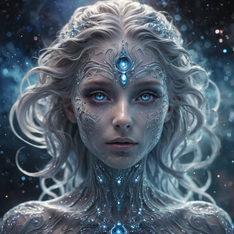 A hyperrealistic, 4K, ultra HD portrait of a mythical, ethereal being with skin that shimmers like molten silver. The beings eyes, a deep, hypnotic sapphire, seem to swirl with ancient wisdom. Their hair, a cascade of bioluminescent fractals, gently pulses with an otherworldly glow. The background is a surreal, nebulalike landscape of swirling, pastel hues, with distant galaxies and planets casting a soft, ethereal glow. Cinematic lighting accentuates the beings otherworldly features, while a subtle bokeh effect blurs the cosmic backdrop, creating a dreamlike atmosphere.