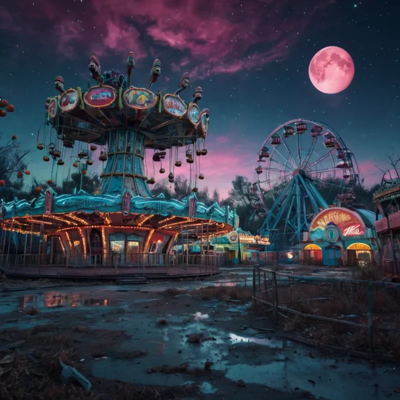 A vast, abandoned amusement park on a distant alien planet, where derelict rides and decaying attractions are slowly being reclaimed by luminescent, crystalline formations, under the glow of twin moons, hyperrealistic, ultra HD, cinematic lighting, volumetric lighting, atmospheric effects, bokeh effect, vibrant colors, detailed textures.