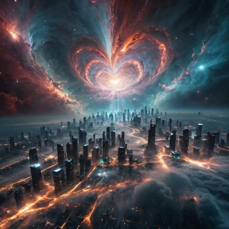 Photorealistic, colossal, floating, opalescent, nebula metropolis, its hyperrealistic, 4K, billowing structures revealing ultra HD glimpses of a swirling, cosmic world within. Volumetric lighting from an unseen, supernova source etches the citys ethereal, cloudlike towers, casting intricate, dynamic, stellar shadows on the mirrored, cosmic void. Cinematic lighting bathes the scene in vibrant, otherworldly hues, with lens flare emphasizing the citys central, radiant, pulsating, nebula heart, throbbing with captive, alien celestial energy.