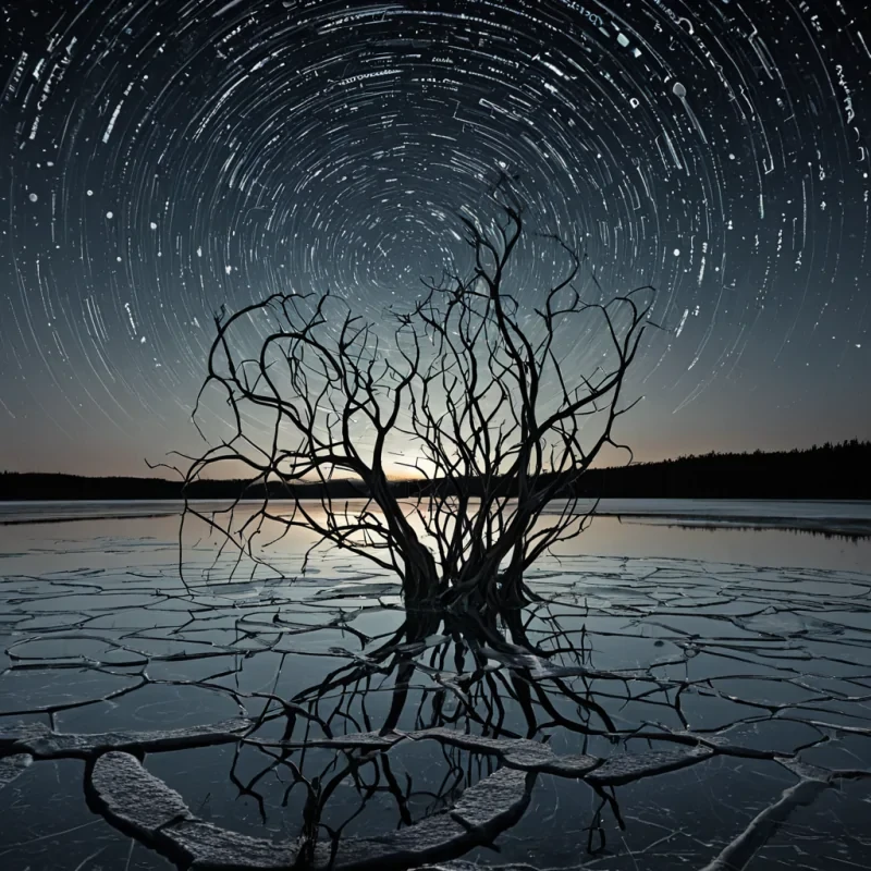 A single, humming lattice of interwoven root systems made of solidified moonlight and compressed silence stretches across the surface of a frozen, inverted lake beneath a sky of fractured constellations, each root not growing downward but spiraling upward into the air like the tendrils of a forgotten dream. The lattice does not conduct electricityit conducts the weight of unspoken apologies, its nodes pulsing faintly with the emotional resonance of a handshake that never happened, their surfaces etched with the ghostly script of names whispered into the void. The lake beneath is not waterit is a thick, glassy expanse of solidified time, cracked in geometric patterns that reflect not the sky, but the shape of a question mark every time a breath passes