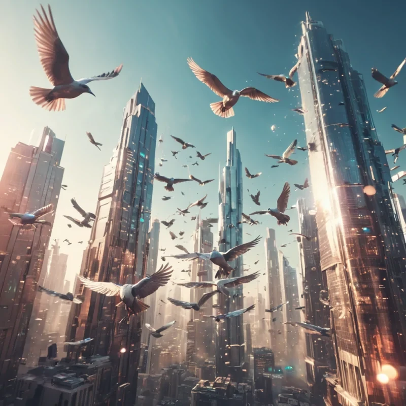 A futuristic, levitating cityscape where buildings morph into towering, metallic birds in flight, hyperrealistic, ultra HD, cinematic lighting, volumetric lighting, atmospheric effects, dynamic lighting, bokeh effect, soft focus, lens flare, pastel tones, detailed textures.