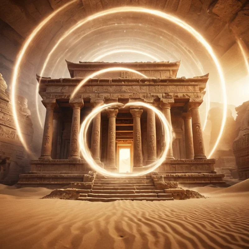 A levitating, ancient temple suspended in a swirling vortex of sand and dust, its stone walls adorned with glowing, hieroglyphic symbols, hyperrealistic, ultra HD, cinematic lighting, volumetric lighting, atmospheric effects, dynamic lighting, bokeh effect, soft focus, lens flare, vibrant colors, detailed textures.