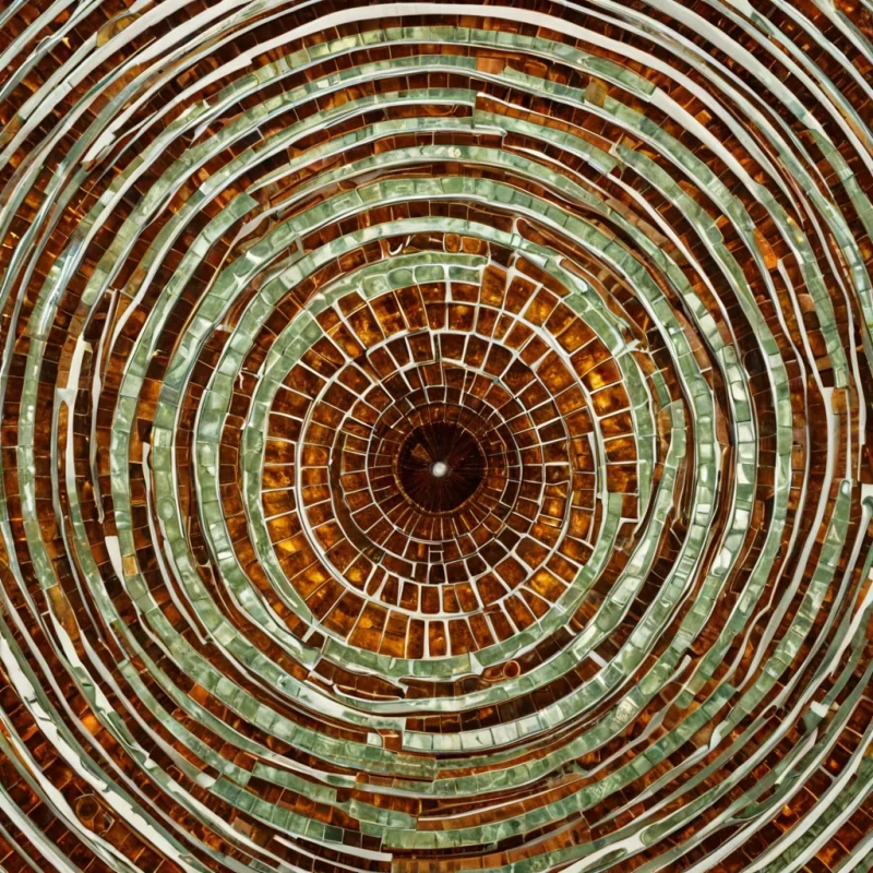 A hyperrealistic, topdown macro shot of a vast, circular arena floor composed of densely packed, individual, semitranslucent cubes of frozen amber resin, each cube containing a single, suspended, desiccated leaf with intricate vein patterns preserved in perfect detail. The cubes are arranged in a precise, concentric spiral pattern that radiates outward from a central, voidlike hole. Hovering directly above the center of this spiraling mosaic is a colossal, intricate mechanical arm made of matte, brushed platinum and pale, organic wood grain, its joints articulated with visible, pulsing hydraulic tubes filled with glowing, pale green fluid. The arm is delicately holding a single, perfectly spherical bead of liquid light, which emits a soft, warm, golden