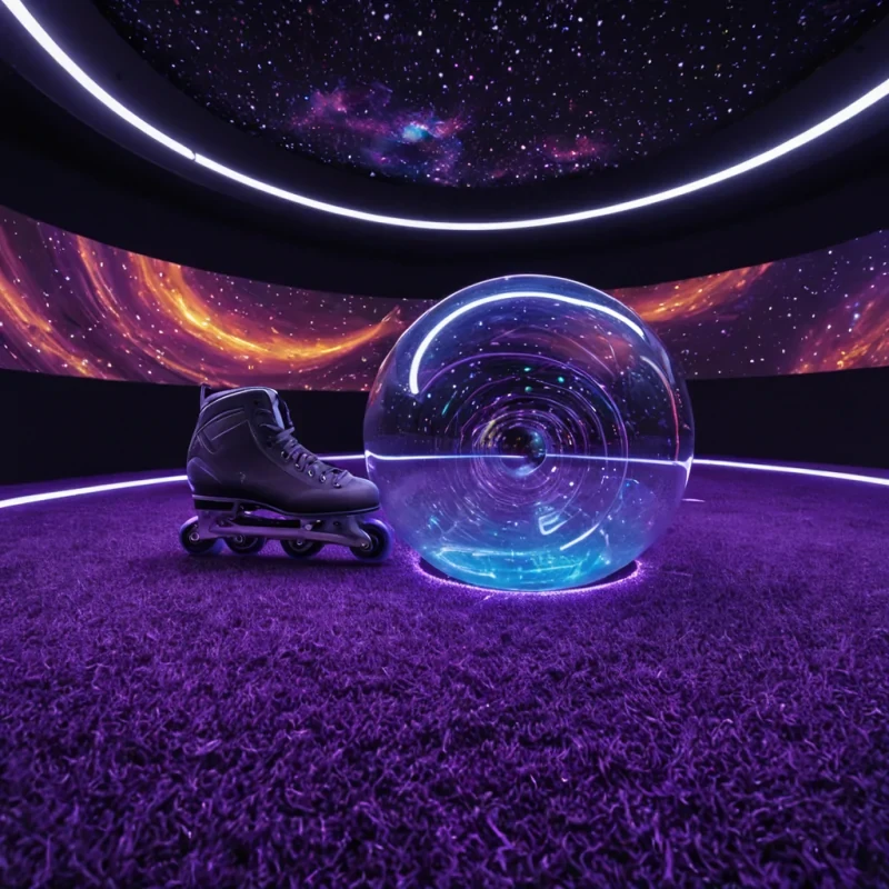 A hyperrealistic, groundlevel perspective of a colossal, spherical stadium constructed from woven strands of iridescent, metallic fiberoptic cable, suspended in the vacuum of space against a backdrop of a swirling, violet nebula. The interior of the sphere is illuminated by the soft, rhythmic glow of thousands of hovering, holographic fireflies that dance in synchronized patterns, casting dynamic, shifting shadows on the curved, translucent floor. In the foreground, a pair of sleek, magnetic levitation skates with glowing blue undersides rests on a patch of synthetic, velvety purple turf, hinting at a recent game of zerogravity sports. The camera angle is low and wide, emphasizing the curvature of the sphere and the infinite depth of