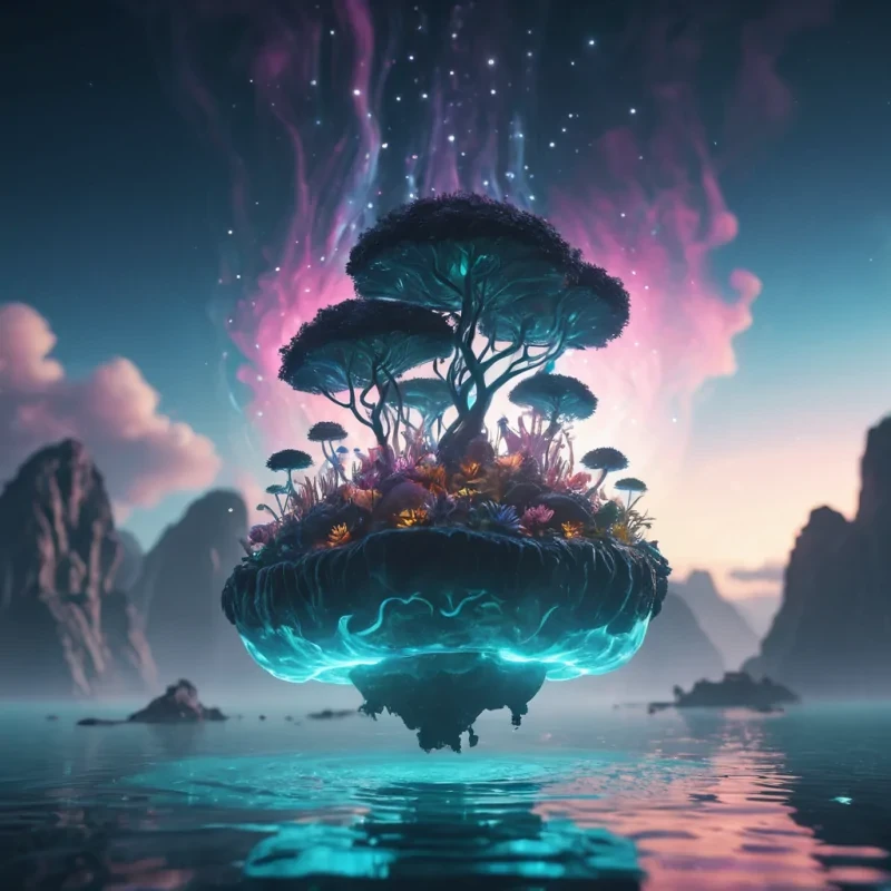 A serene, levitating island suspended in a sky of swirling, luminescent gases, where glasslike structures house bioluminescent flora and fauna, hyperrealistic, 4K, cinematic lighting, volumetric lighting, atmospheric effects, dynamic lighting, bokeh effect, soft focus, lens flare, vibrant colors, detailed textures.
