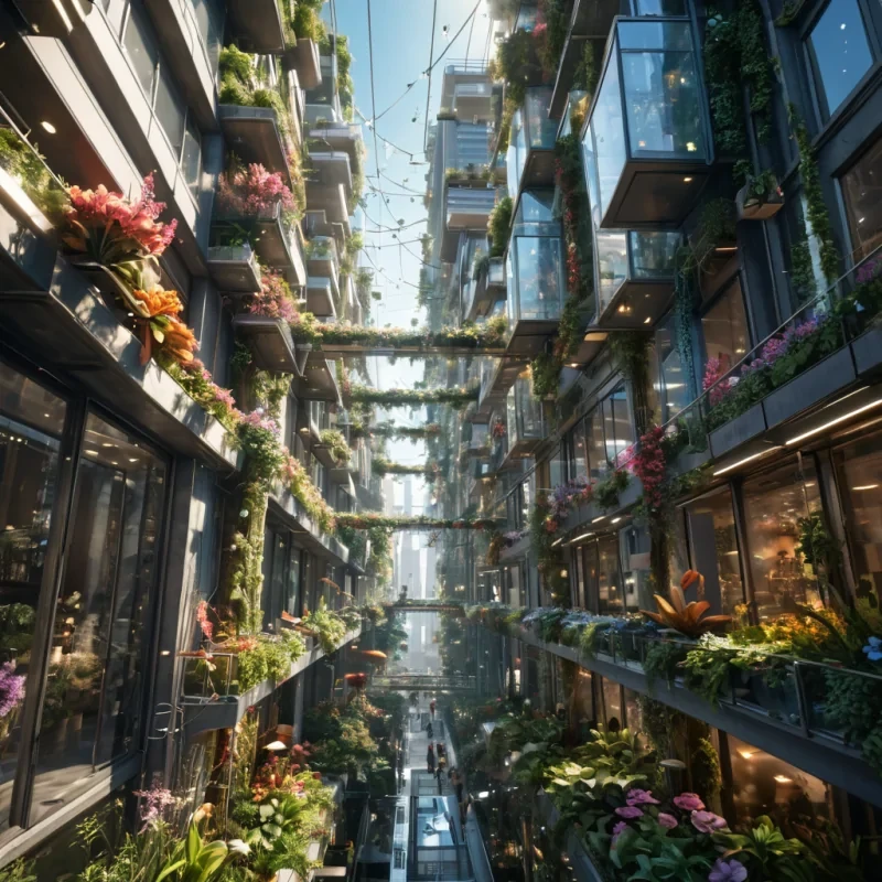 A bustling, vertical cityscape where buildings are interconnected by transparent, suspended walkways, and gravitydefying gardens bloom with luminescent flora, hyperrealistic, 4K, cinematic lighting, volumetric lighting, atmospheric effects, dynamic lighting, lens flare, vibrant colors, detailed textures.