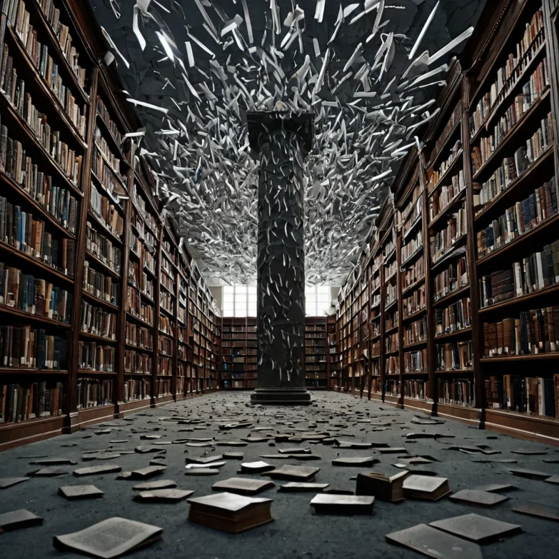 A single, selfilluminating key made of solidified thunder hangs suspended in the center of a vast, still library composed entirely of inverted, petrified silence, each book not bound leather but a crystalline column of compressed, unspoken questions from a civilization that communicated through the weight of unanswered riddles. The key does not turnit resonates, emitting a low, harmonic hum that fractures the surrounding air into slowmotion shards shaped like the negative space between two lips that never asked, each fragment glowing with the faint, subsonic afterimage of a truth that was almost spoken. The library floor is not woodit is a layered expanse of frozen breaths from a thousand unsolved mysteries, each tile etched with the emotional