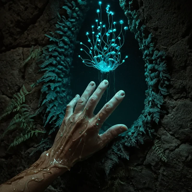 A hyperrealistic, sideprofile closeup of a translucent, gelatinous hand emerging from a pool of stagnant, dark teal liquid in a dimly lit, stonewalled cavern. The hand is not human its fingers are elongated, jointed structures resembling dried, curled fern fronds, but made of a flexible, ambercolored silicone that is perfectly smooth and slightly glossy. Instead of a palm, the center of the hand is a hollow, circular aperture revealing a dense, swirling vortex of tiny, luminescent blue fireflies trapped inside the silicone matrix. The surrounding liquid is perfectly still, with a single, thin, vertical ripple expanding outward from the hands wrist, breaking the surface tension and revealing a submerged, intricate lattice of
