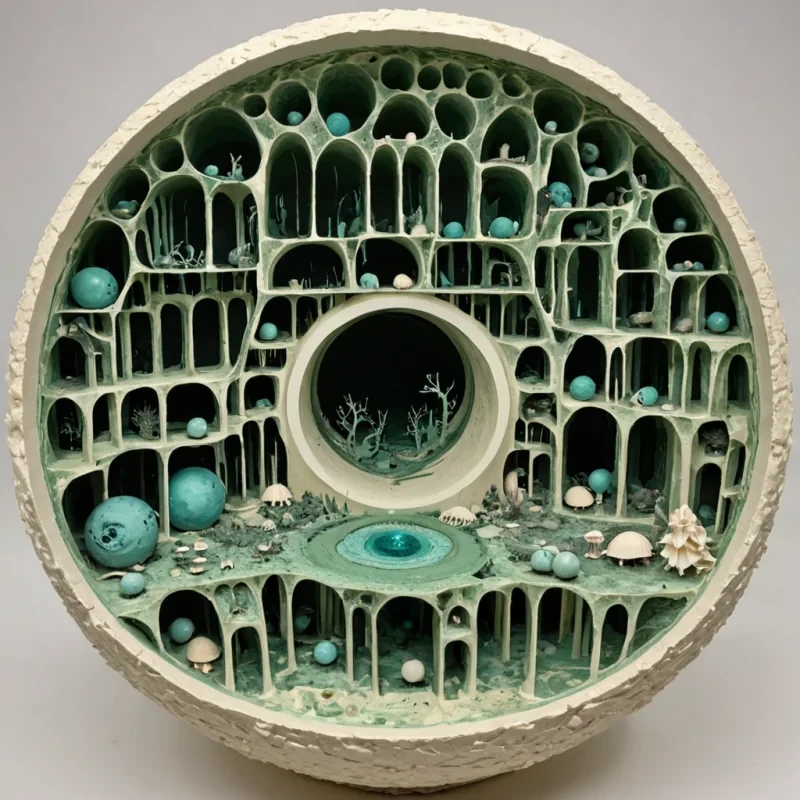 A vertical, isometric cutaway view of a microscopic, selfcontained ecosystem housed within a single, perfect sphere of hardened, matte white eggshell. The interior is not an embryo, but a dense, vertical city of stacked, translucent layers made of layered paper pulp in shades of sage green and pale cream, with tiny, intricate tunnels carved through the pulp connecting the levels. Inside these tunnels, minuscule, iridescent beetles with shells of polished obsidian are engaged in complex logistics, carrying tiny spheres of glowing, viscous turquoise ink from a central, pulsing reservoir to various chambers. The lighting is internal and soft, emanating from the ink itself, casting a cool, wet glow on the dry, fibrous texture of the