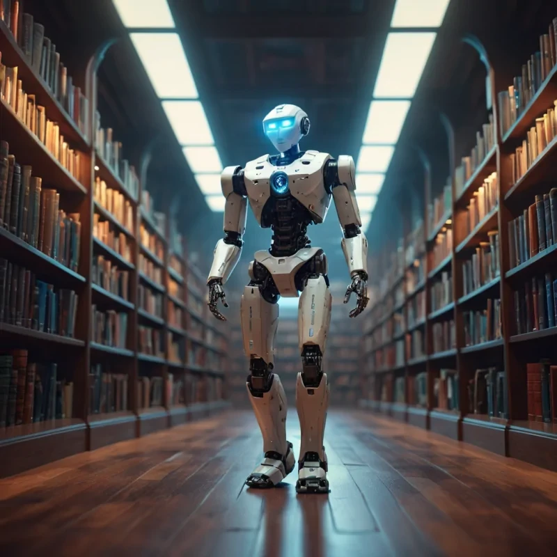 A lone, sentient robot wandering through a vast, empty library filled with levitating, holographic books, hyperrealistic, 4K, cinematic lighting, volumetric lighting, atmospheric effects, dynamic lighting, bokeh effect, soft focus, lens flare, vibrant colors, detailed textures.