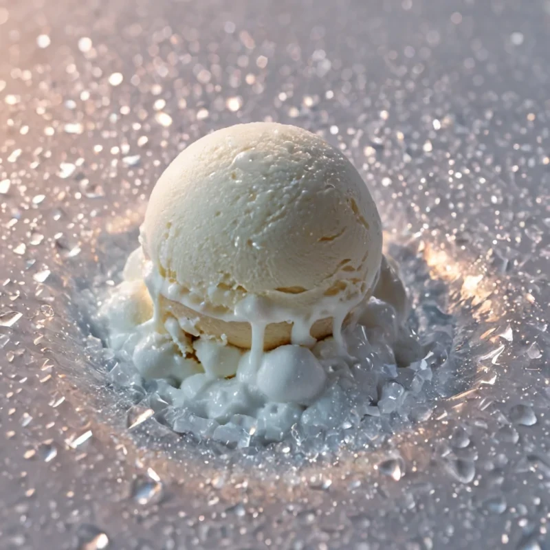 A tight, extreme closeup of a single, suspended drop of thick, creamy vanilla ice cream melting slowly in a zerogravity chamber, the liquid forming perfect, geometric cubic chunks that rotate independently around a central, glowing orb of pure, white light. The ice cream texture is ultradetailed, showing individual ice crystals and smooth cream swirls, while the background is a deep, voidlike black with faint, drifting particles of crushed, iridescent sugar crystals that catch the light, creating a subtle, sparkling halo around the melting drop. The lighting is soft and diffused, highlighting the glossy surface of the ice cream and the sharp edges of the cubic chunks, with a slight chromatic aberration effect adding a modern, digital touch to the