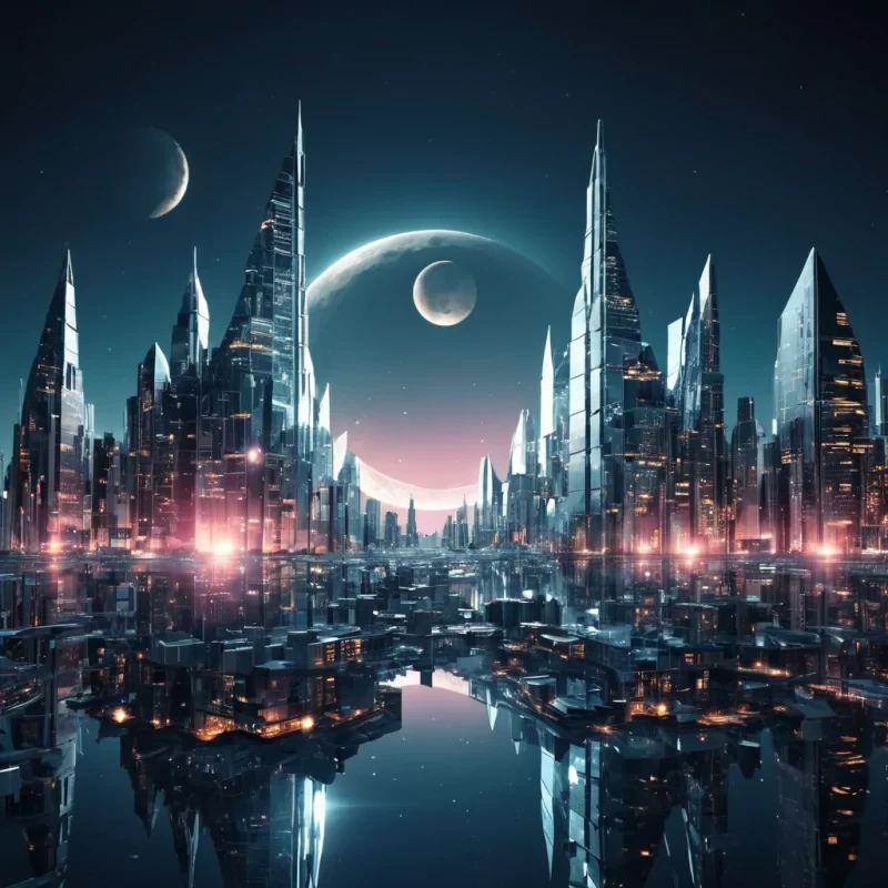 A futuristic cityscape where buildings are made of interlocking glass and steel origami structures, reflecting a double moon in the sky, hyperrealistic, ultra HD, cinematic lighting, volumetric lighting, atmospheric effects, lens flare, vibrant colors, detailed textures.
