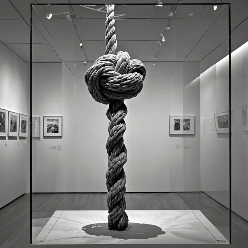 A single, selfreplicating knot of reversed memory, shaped like a 7,312dimensional braid of unformed recollection and inverted nostalgia, floats at the center of a vast, inverted museum of solidified forgetting  each exhibit case carved from the exact moment between a name being spoken and its refusal to be remembered, a photograph fading into nonvisual silence, a scent lingering in the air and dissolving into nonolfactory emptiness. The knot does not preserve the past  it unpreserves it, each unraveling strand shedding a layer of mnemonic potential that never coalesced into conscious recall, reforming into ephemeral, opallaced afterimages shaped like the negative space between two hands that once